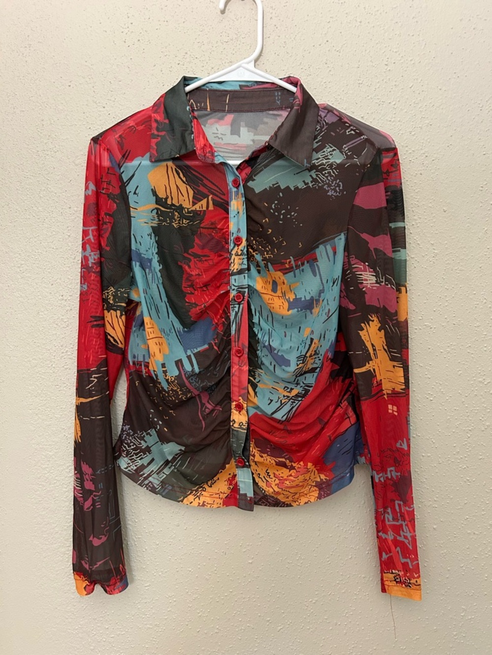 Abstract Print Long-Sleeve Button-Up Blouse - Multicolor